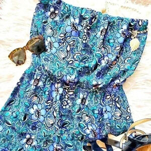 Express blue vine floral print mini strapless hi-lo dress size small petite